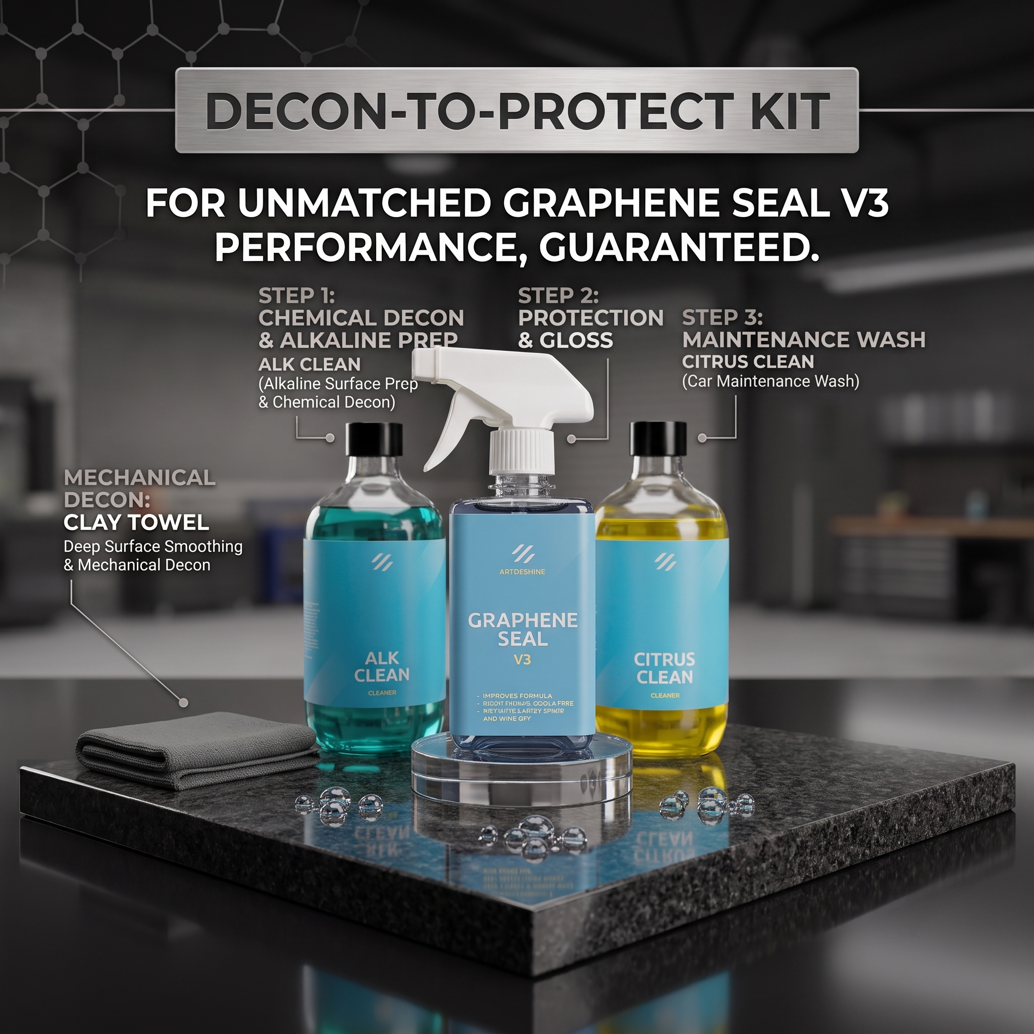 Decon-to-Protect Bundle (1 Graphene Seal, 1 AlkClean Shampoo, 1 Citrus Clean Shampoo, 1 Clay towel)